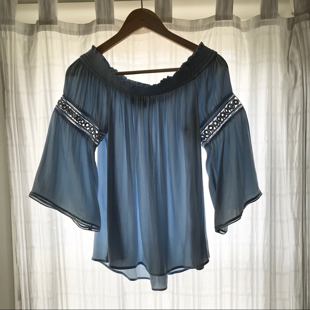 Off the shoulder baby blue dressy top